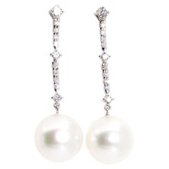 South Sea Pearl and Diamond Vintage Drop Style Earrings in 18 Carat White Gold