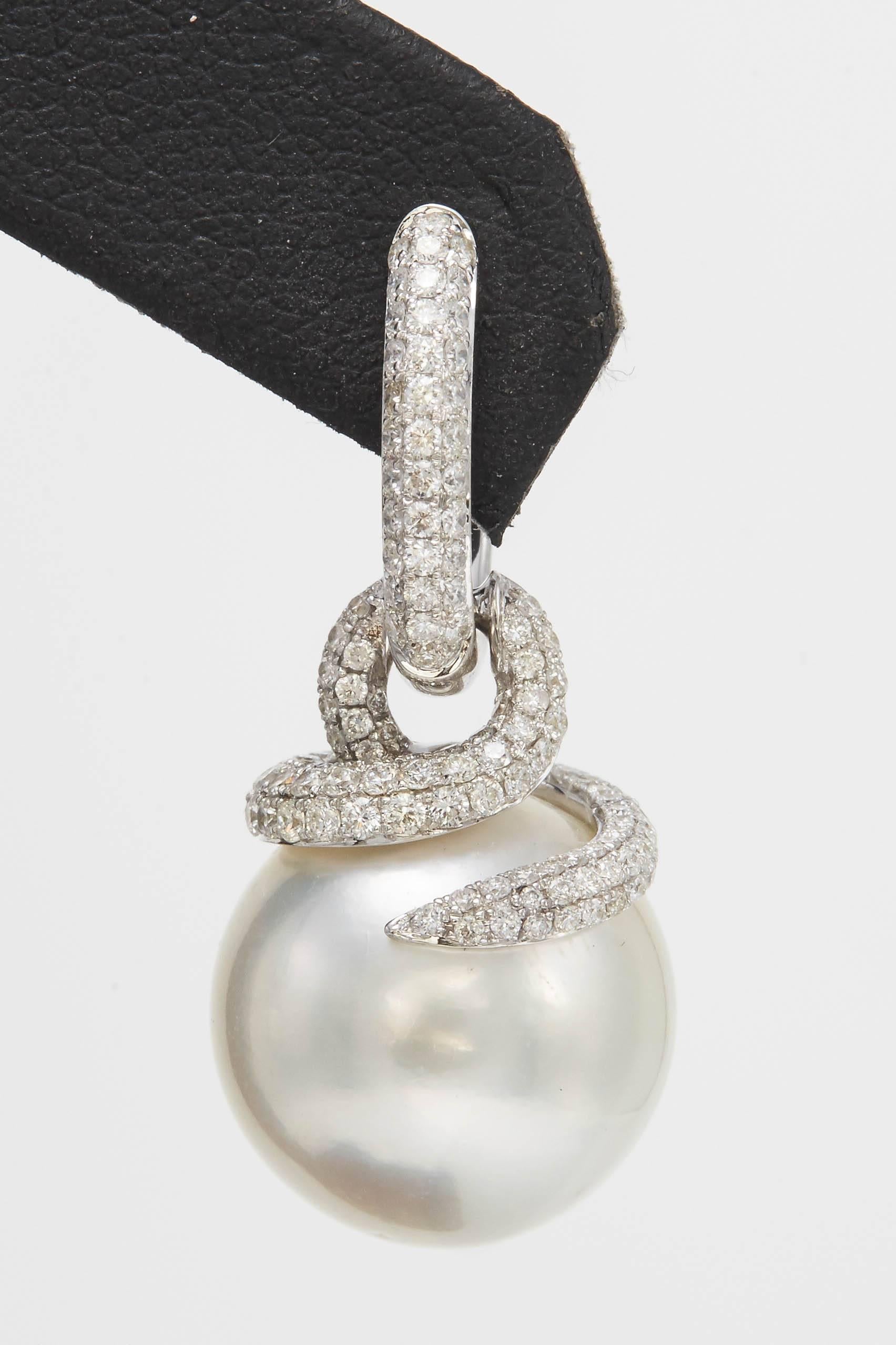 Contemporary South Sea Pearl Diamond Drop Earrings 1.55 Carats 18K White Gold 14-15 MM For Sale