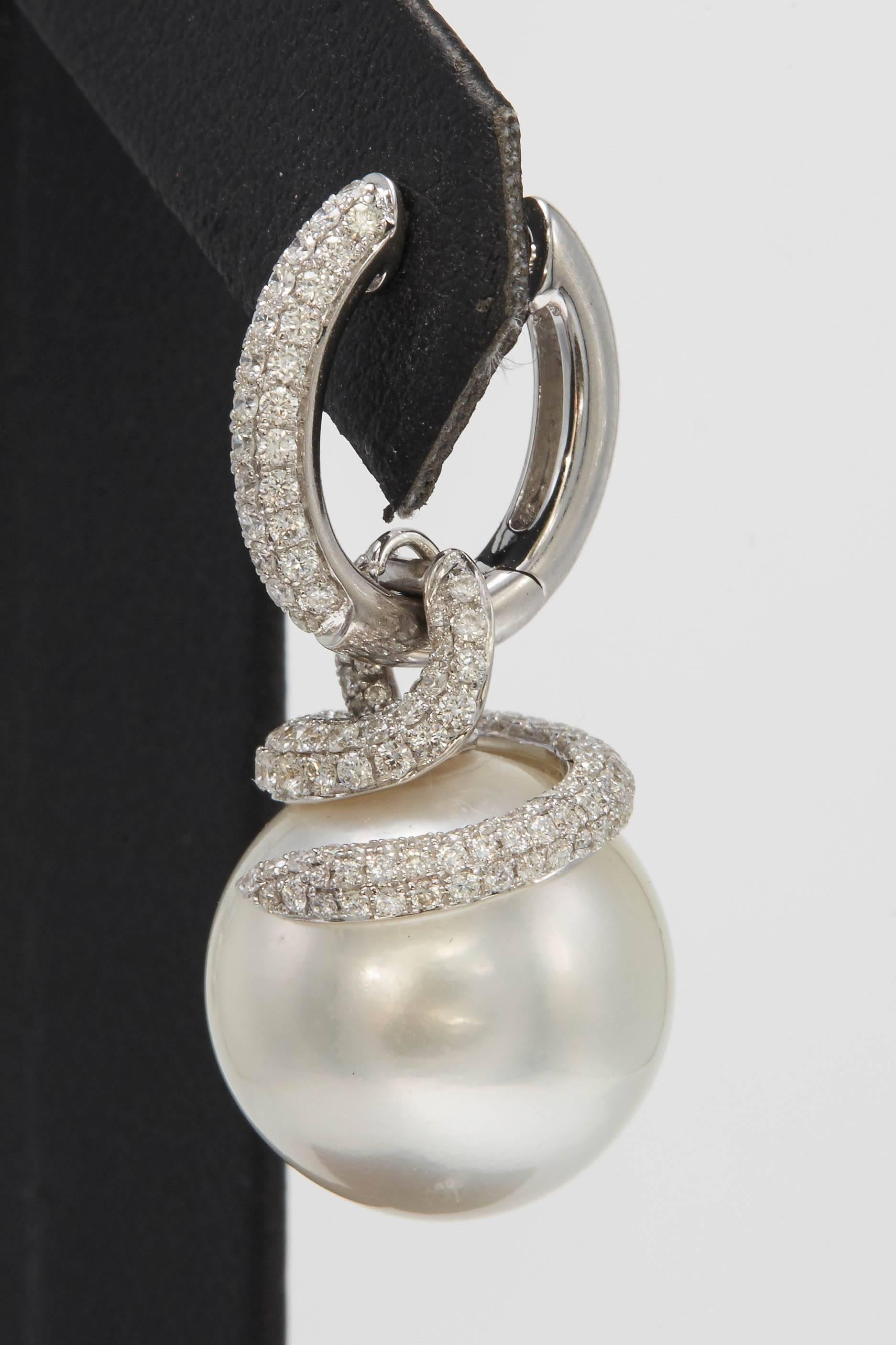 Round Cut South Sea Pearl Diamond Drop Earrings 1.55 Carats 18K White Gold 14-15 MM For Sale