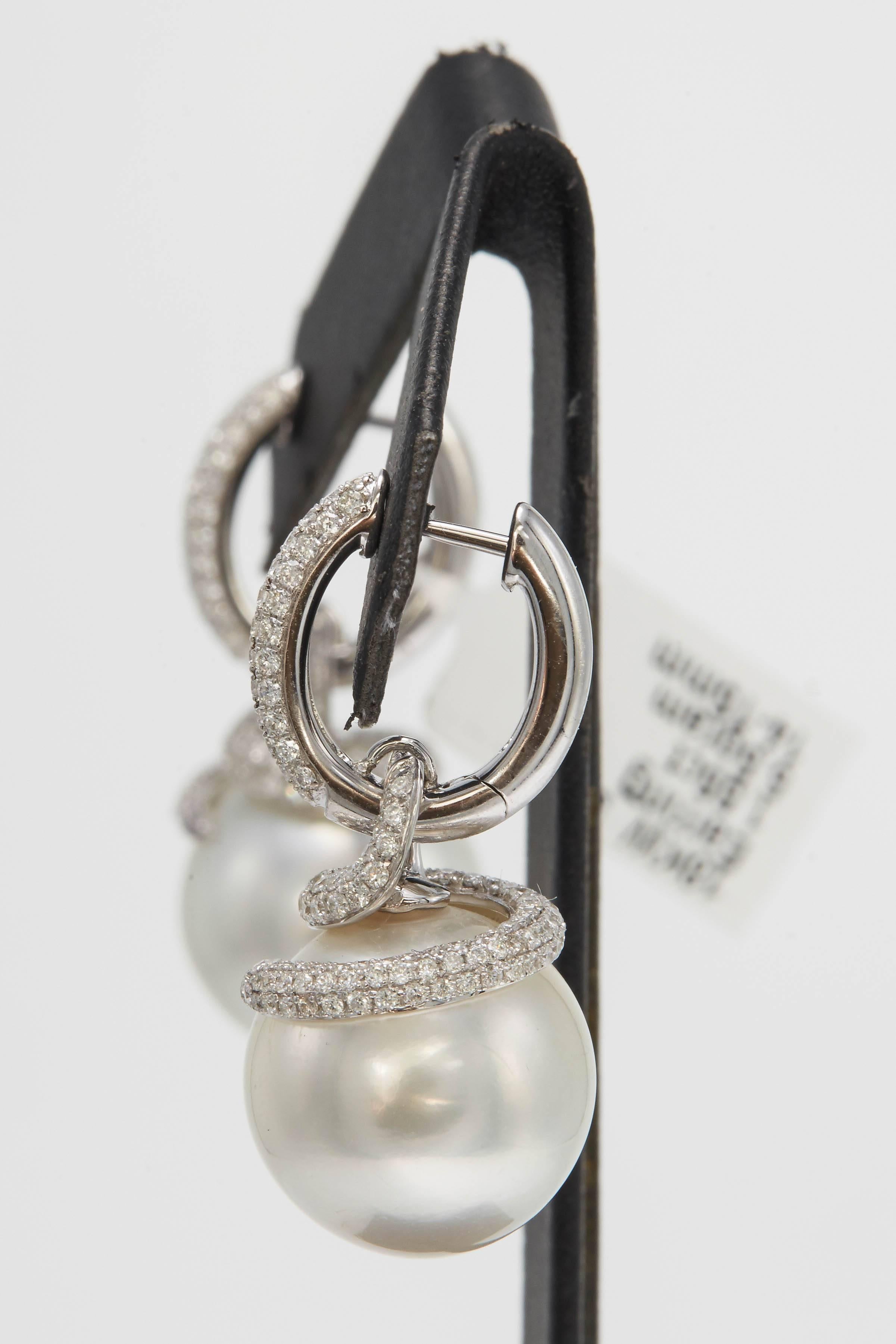 South Sea Pearl Diamond Drop Earrings 1.55 Carats 18K White Gold 14-15 MM In New Condition For Sale In New York, NY