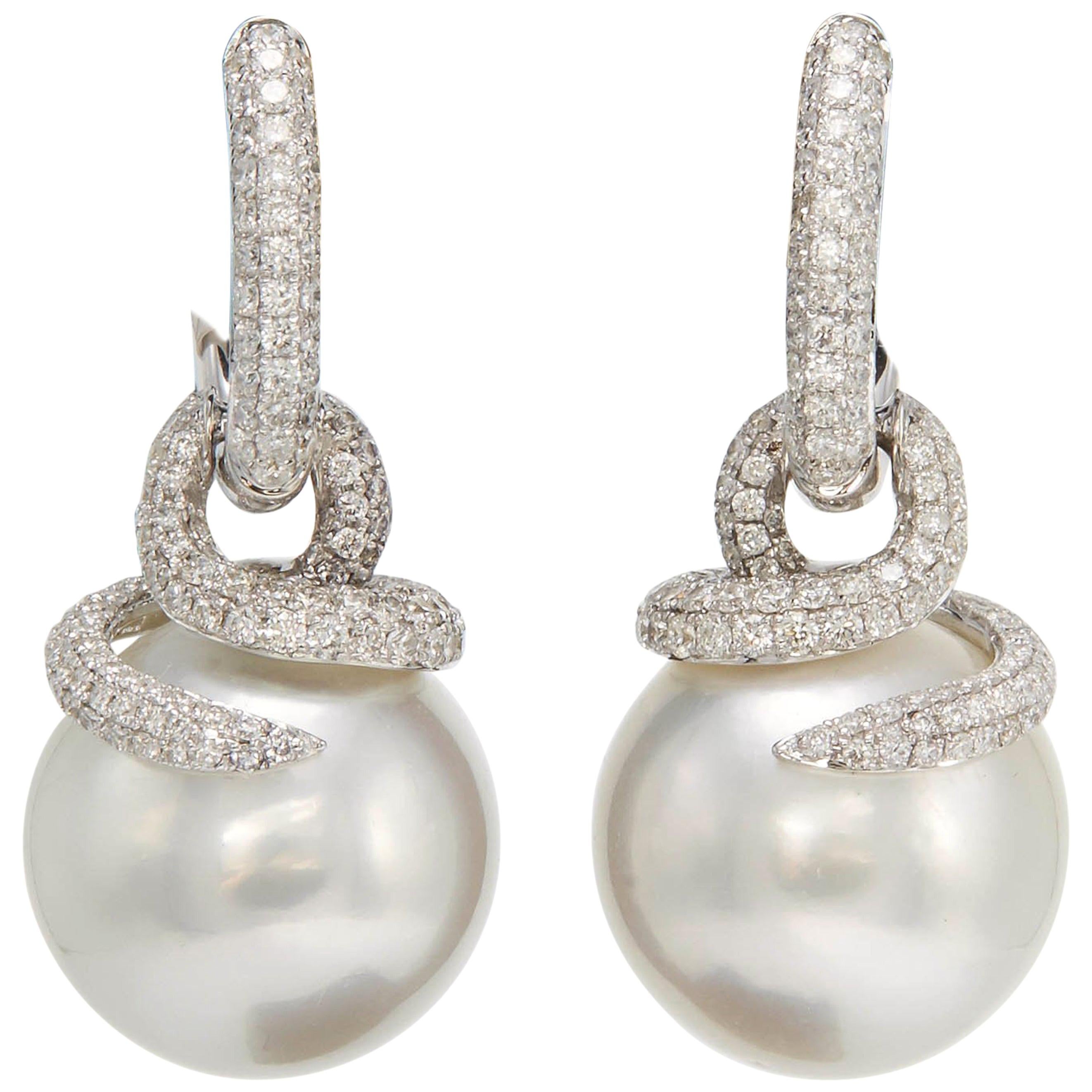 South Sea Pearl Diamond Drop Earrings 1.55 Carats 18K White Gold 14-15 MM For Sale