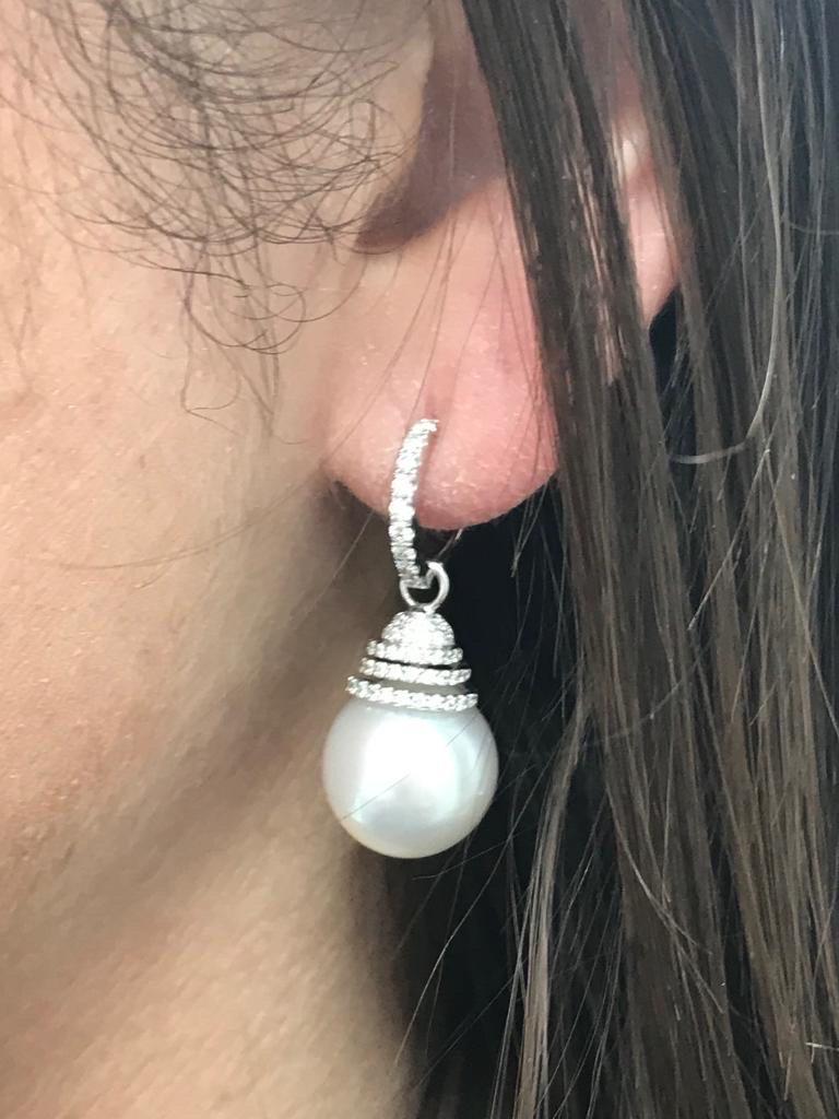 Contemporary South Sea Pearl and Diamonds Spiral Bell Shape Dangle Huggies Earring For Sale