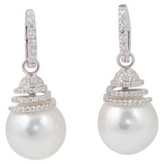 South Sea Pearl and Diamonds Spiral Bell Shape Dangle Huggies Earring