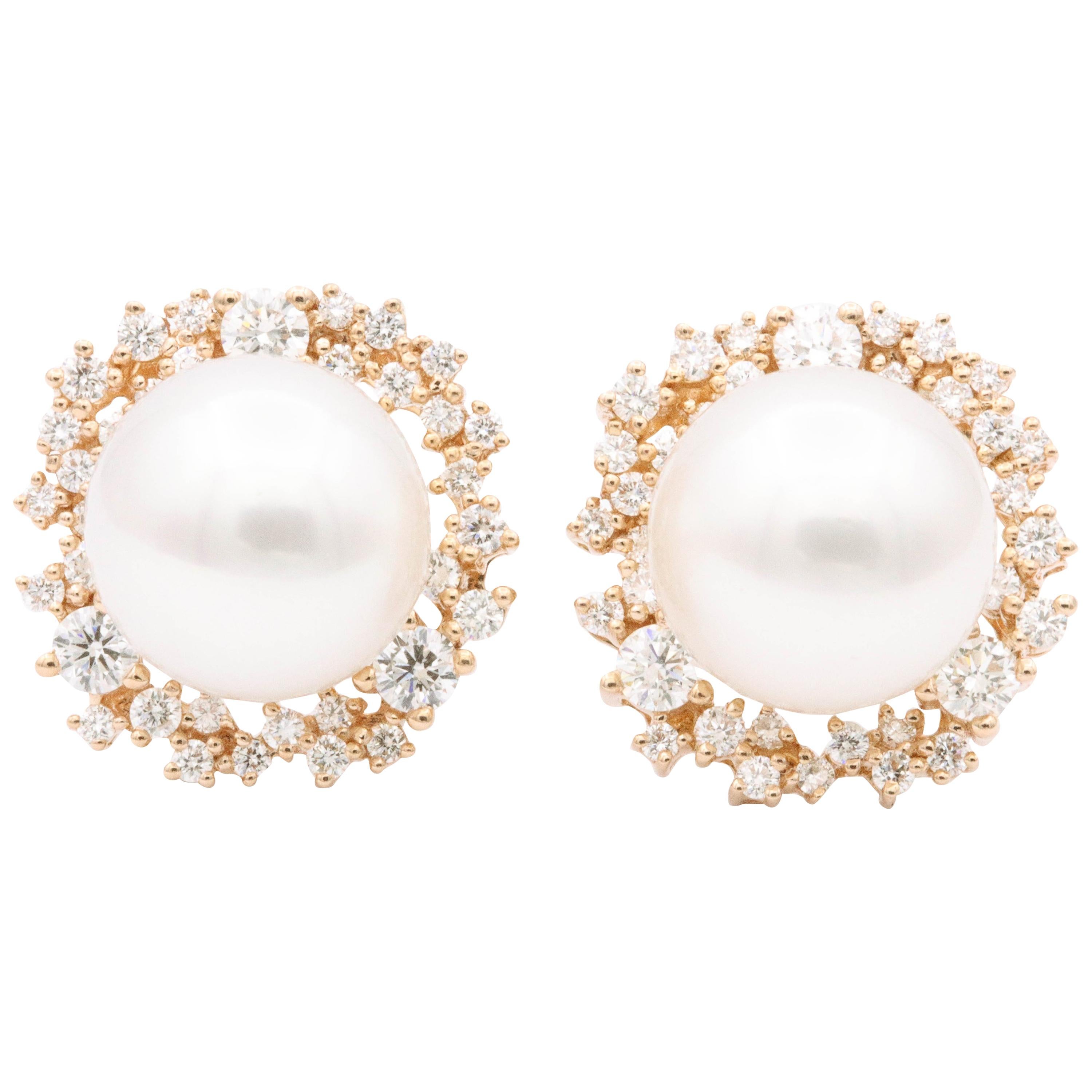 South Sea Pearl and Diamonds with Rose Gold Studs Earrings For Sale