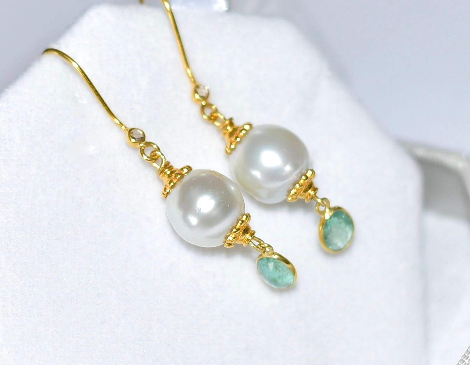 Women's South Sea Pearl and Emerald Earrings in 18K Solid Yellow Gold  For Sale