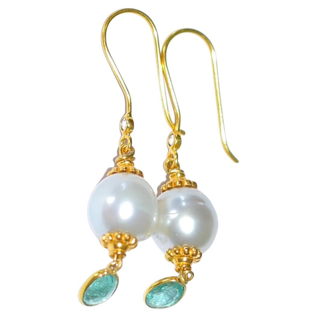South Sea Pearl and Emerald Earrings in 18K Solid Yellow Gold 