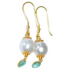 South Sea Pearl and Emerald Earrings in 18K Solid Yellow Gold 