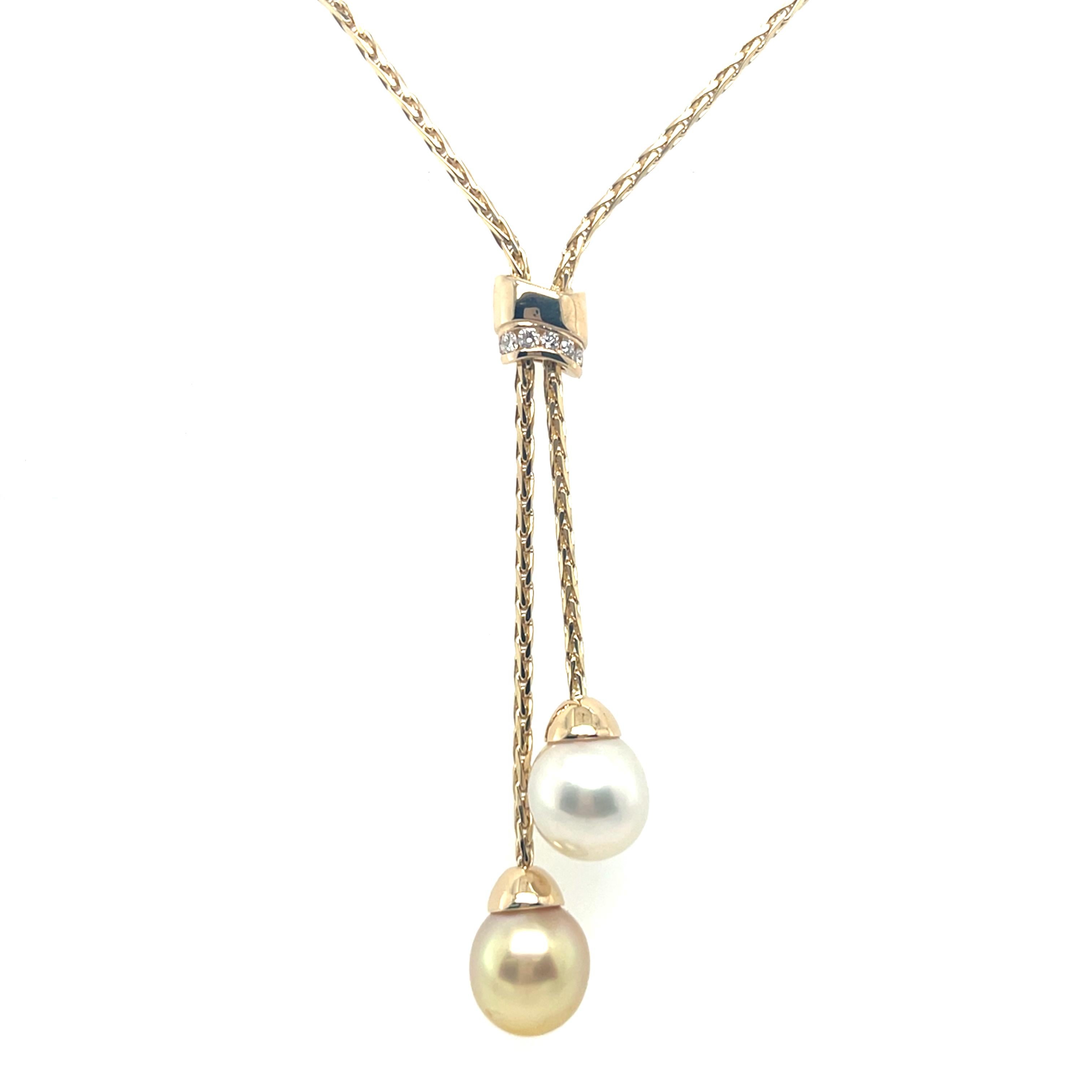 Round Cut South Sea Pearl and Golden South Sea Lariat Necklace on Yellow Gold Chain