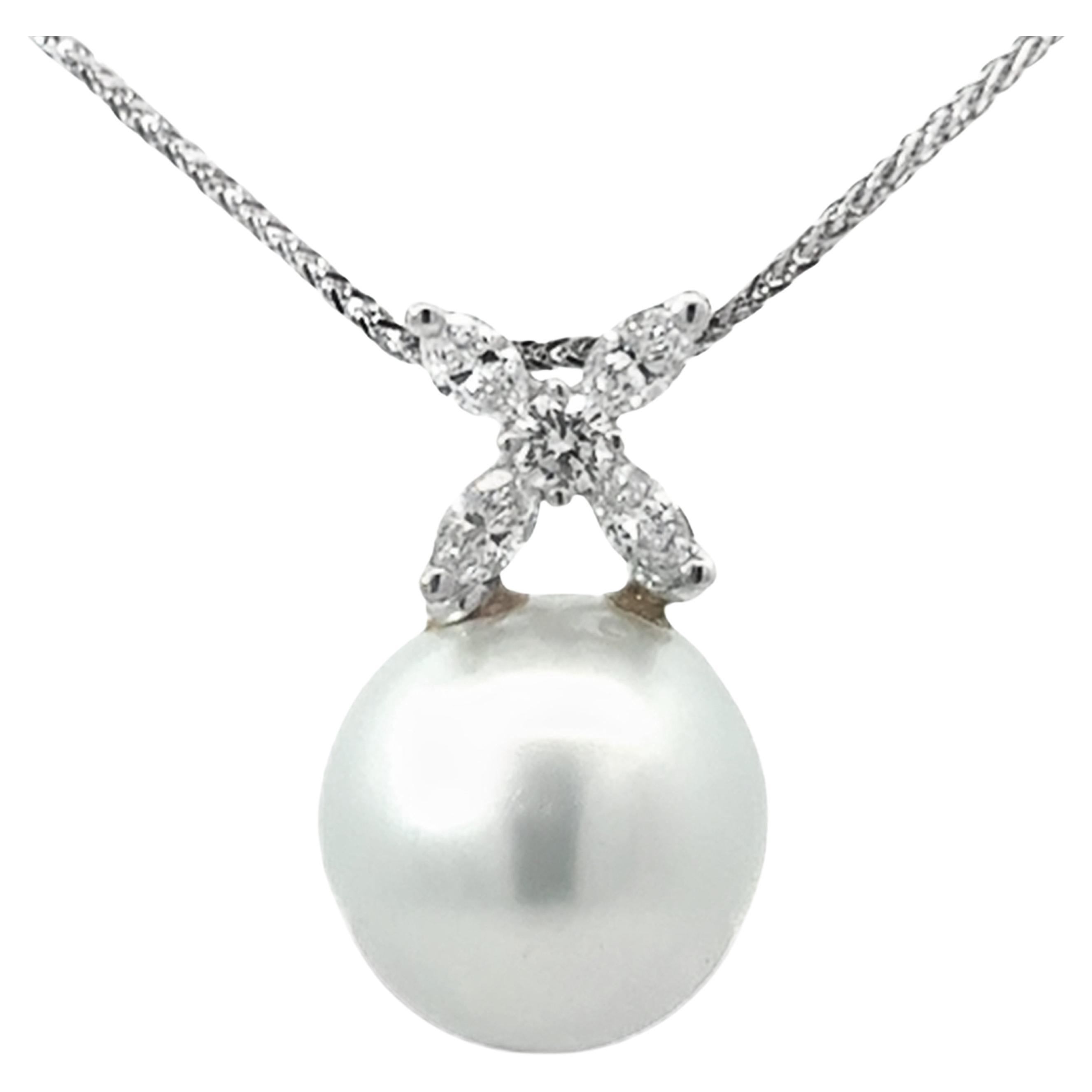 South Sea Pearl and Marquise Diamond Necklace 14k White Gold