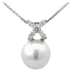 South Sea Pearl and Marquise Diamond Necklace 14k White Gold