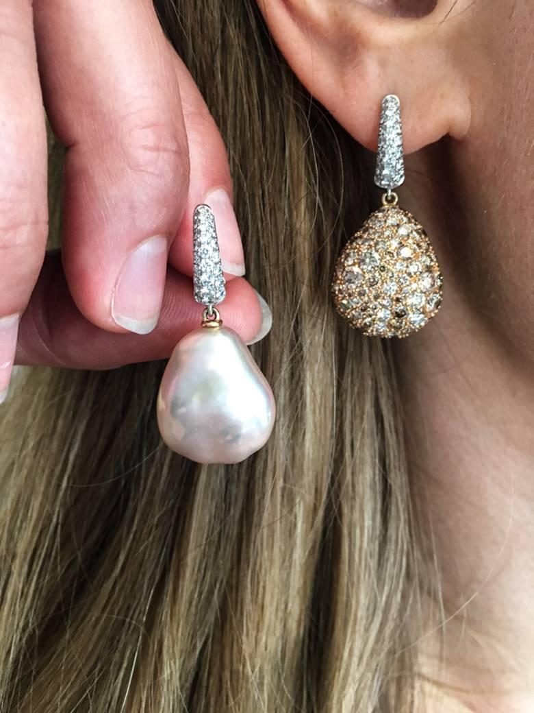 Contemporary South Sea Pearl and Mirror Image with Diamonds 5.98 ct. Diamond Creoles Earrings