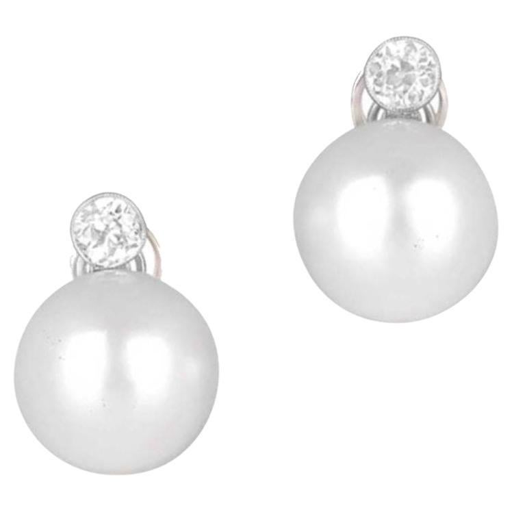 South Sea Pearl and Old European Cut Diamond Earrings, Platinum and Gold For Sale