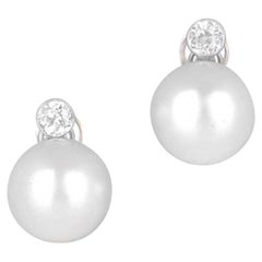 South Sea Pearl and Old European Cut Diamond Earrings, Platinum and Gold