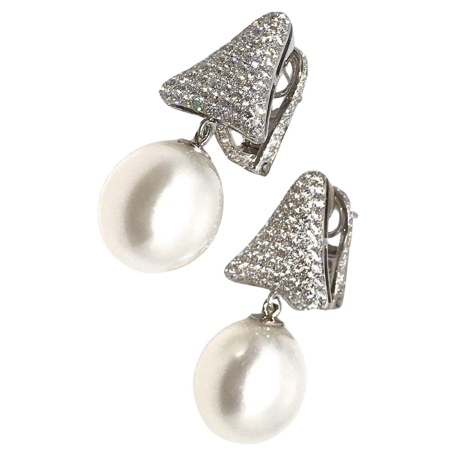 South Sea Pearl and Pave Diamond Drop Earrings in 18k White Gold For Sale