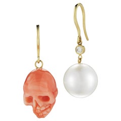 South Sea Pearl and Pink Coral Skull Mismatched Dangle Earrings