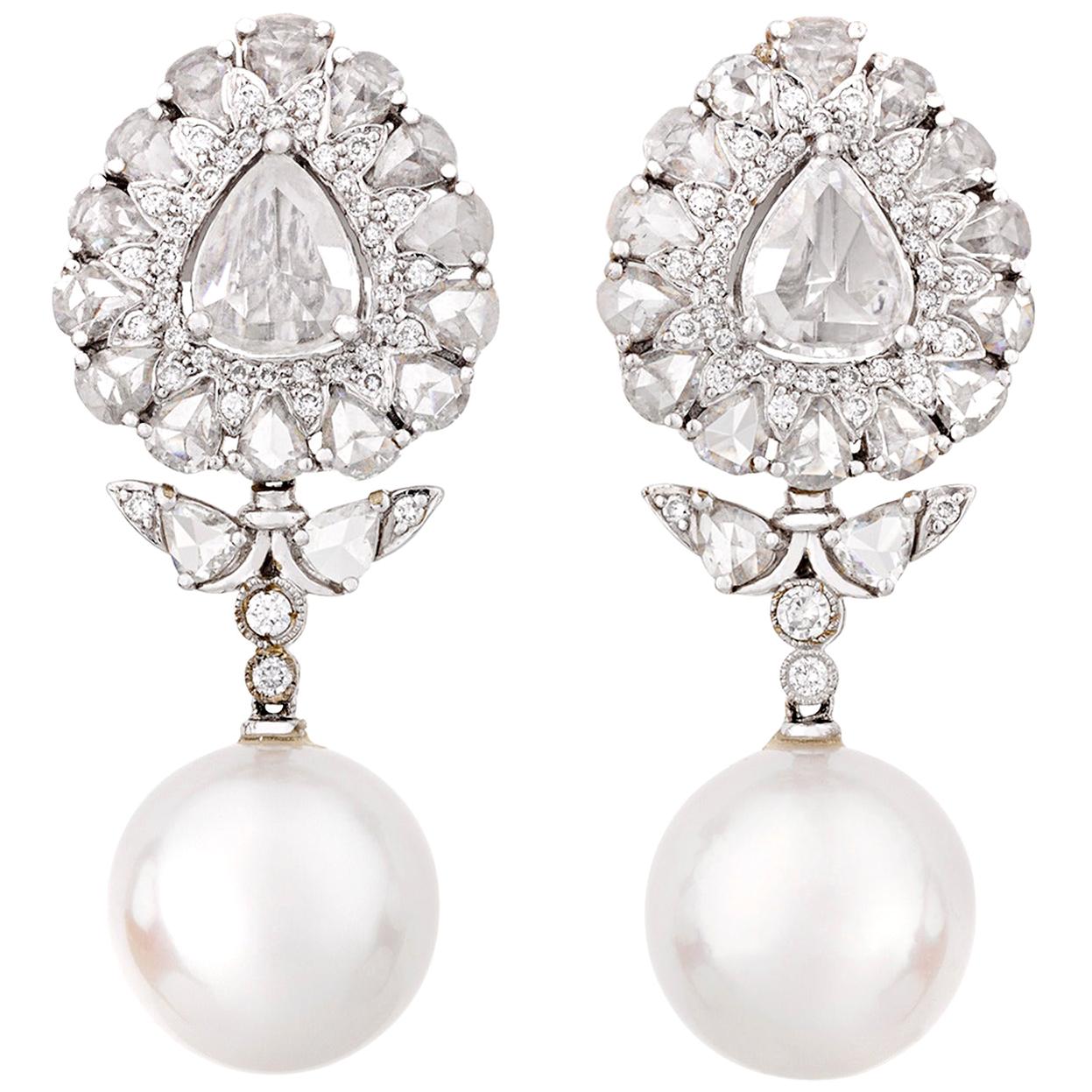 South Sea Pearl and Rose-Cut Diamond Earrings