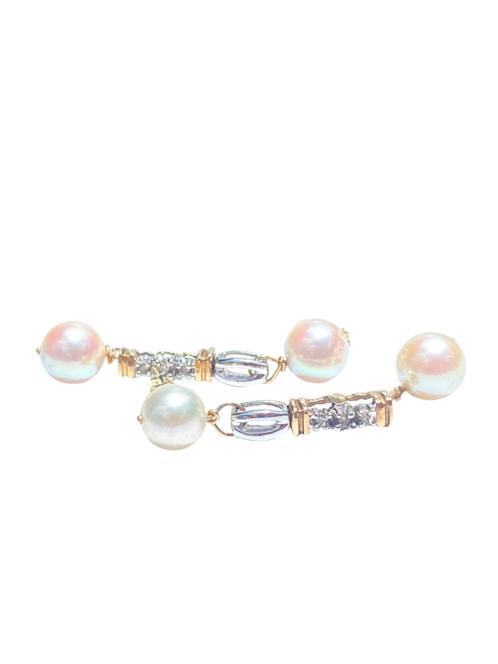 Retro South Sea Pearl and Round-Cut Diamond 14K White/Yellow Gold Drop Earrings For Sale