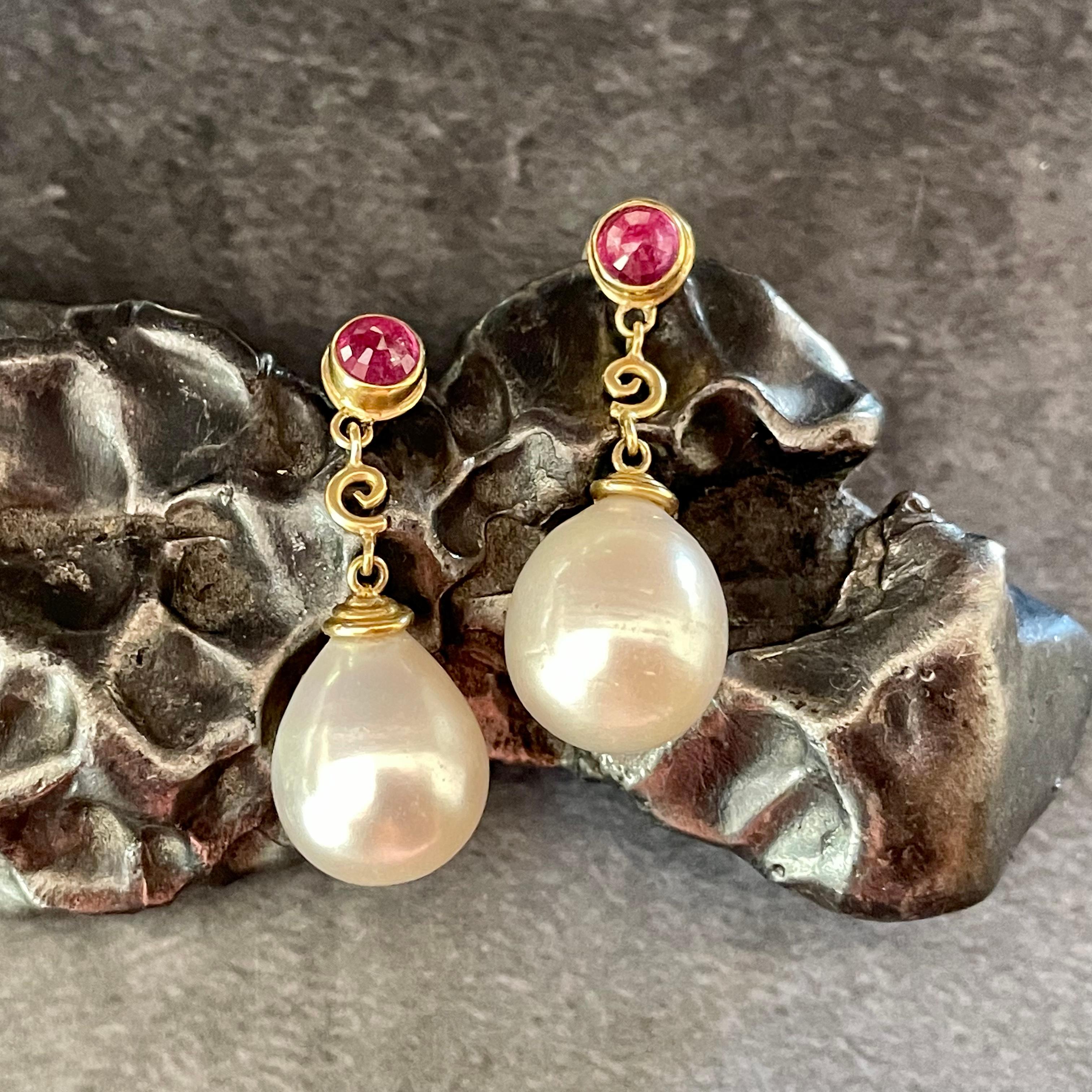Contemporary South Sea Pearl and Ruby 18K Gold Post and Drop Earrings