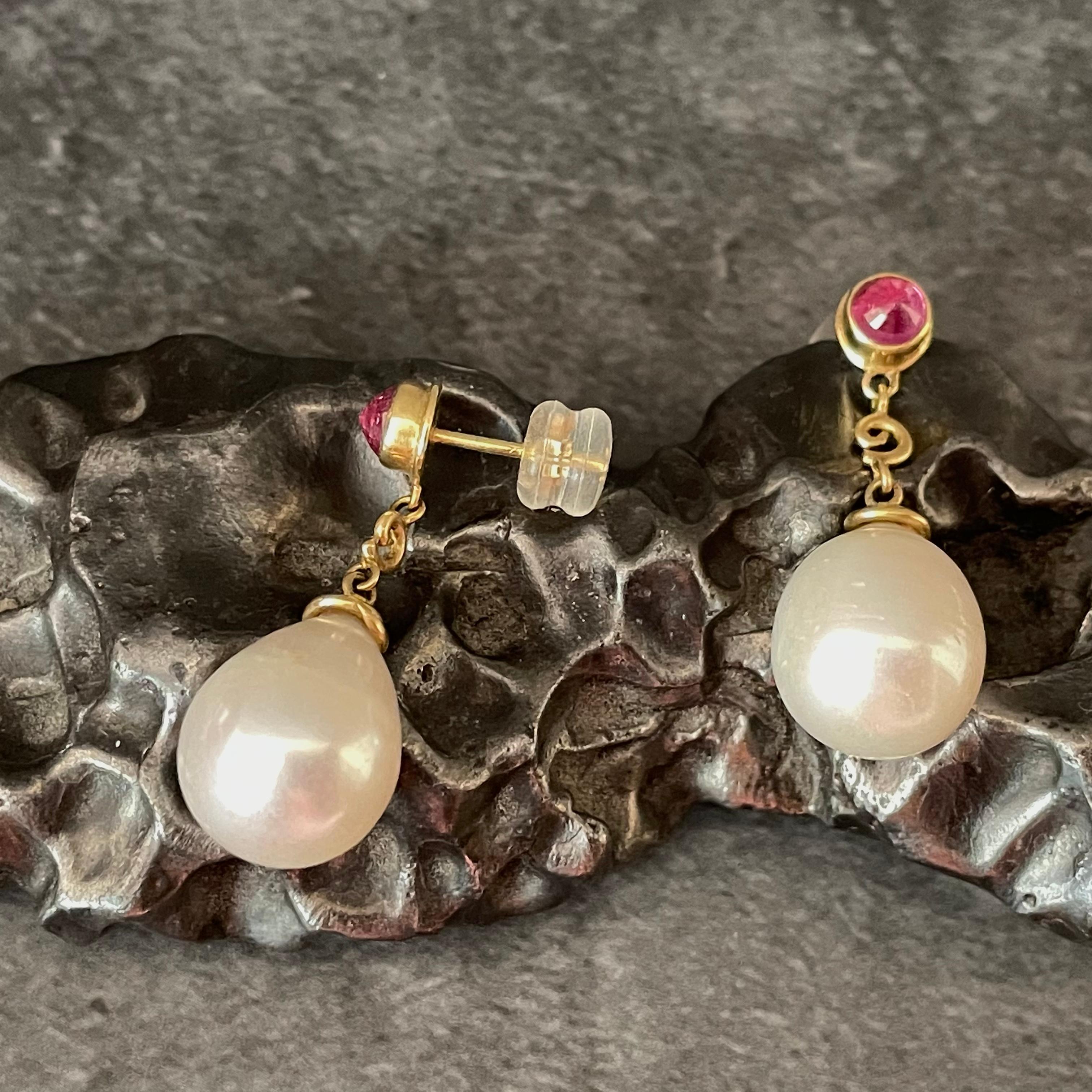 Rose Cut South Sea Pearl and Ruby 18K Gold Post and Drop Earrings