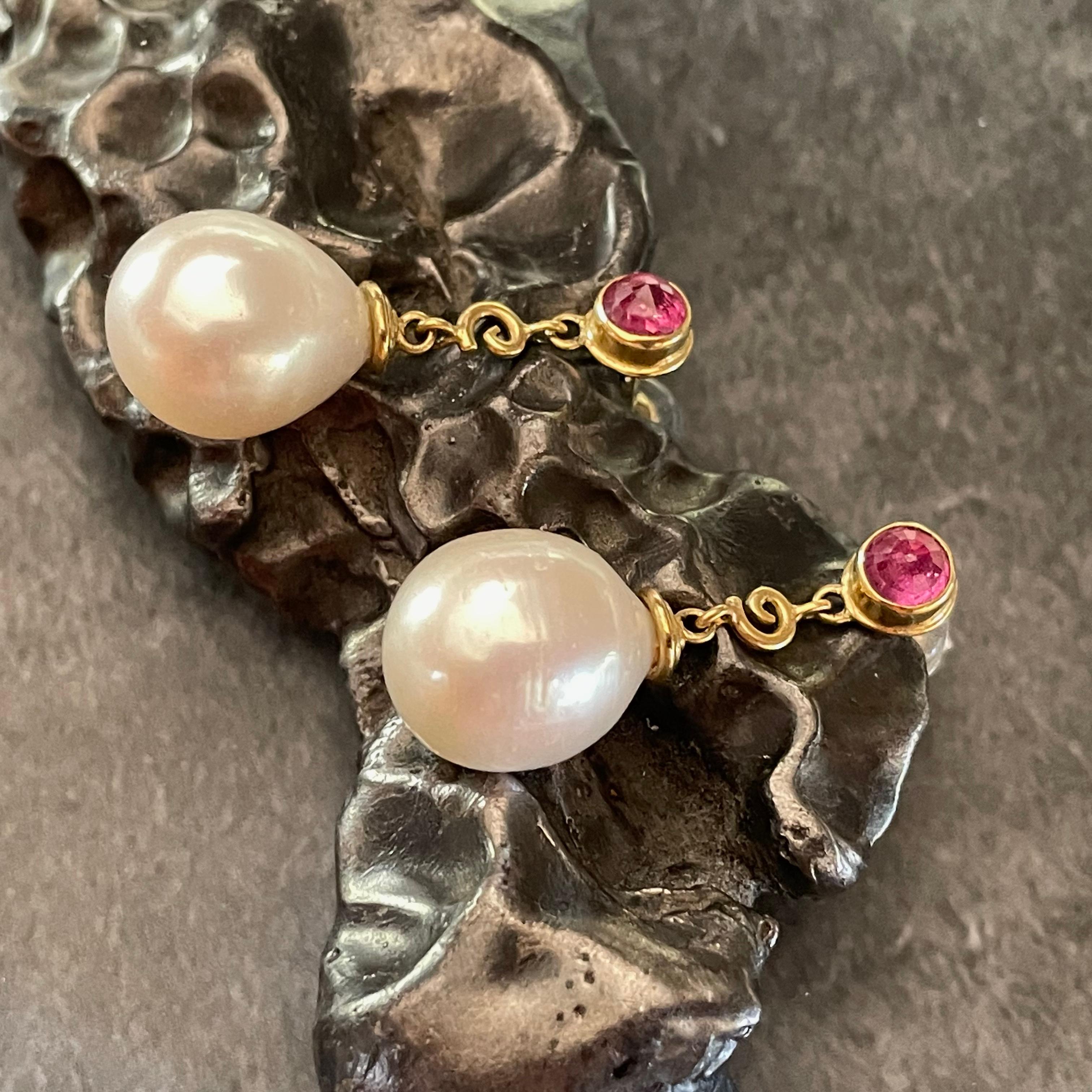 South Sea Pearl and Ruby 18K Gold Post and Drop Earrings In New Condition In Soquel, CA