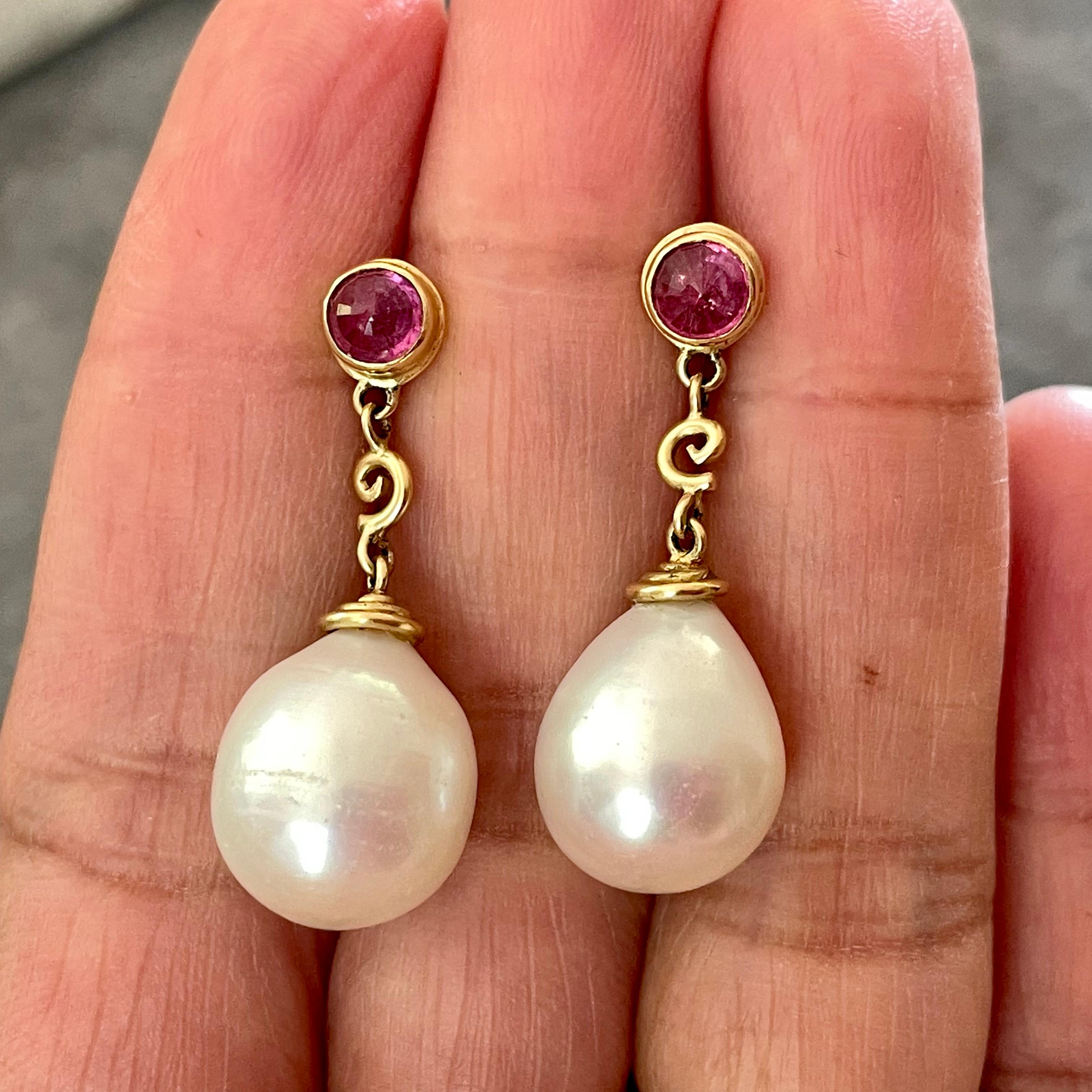 Women's South Sea Pearl and Ruby 18K Gold Post and Drop Earrings