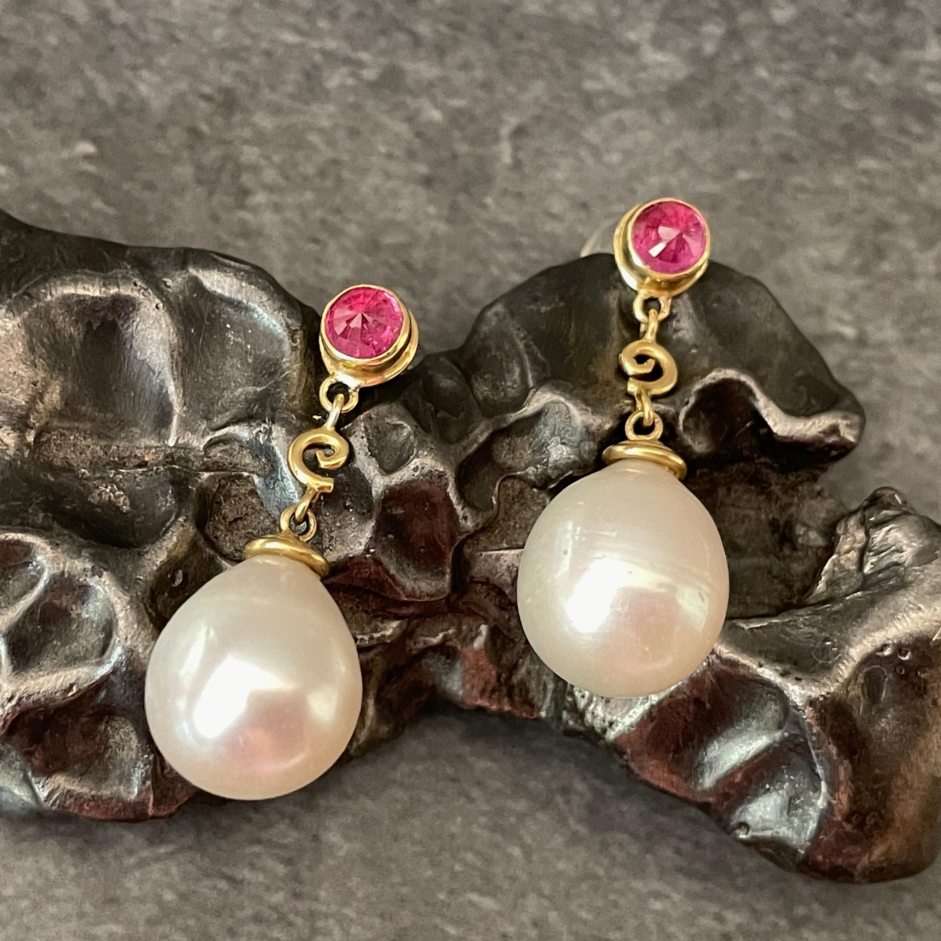 South Sea Pearl and Ruby 18K Gold Post and Drop Earrings 1