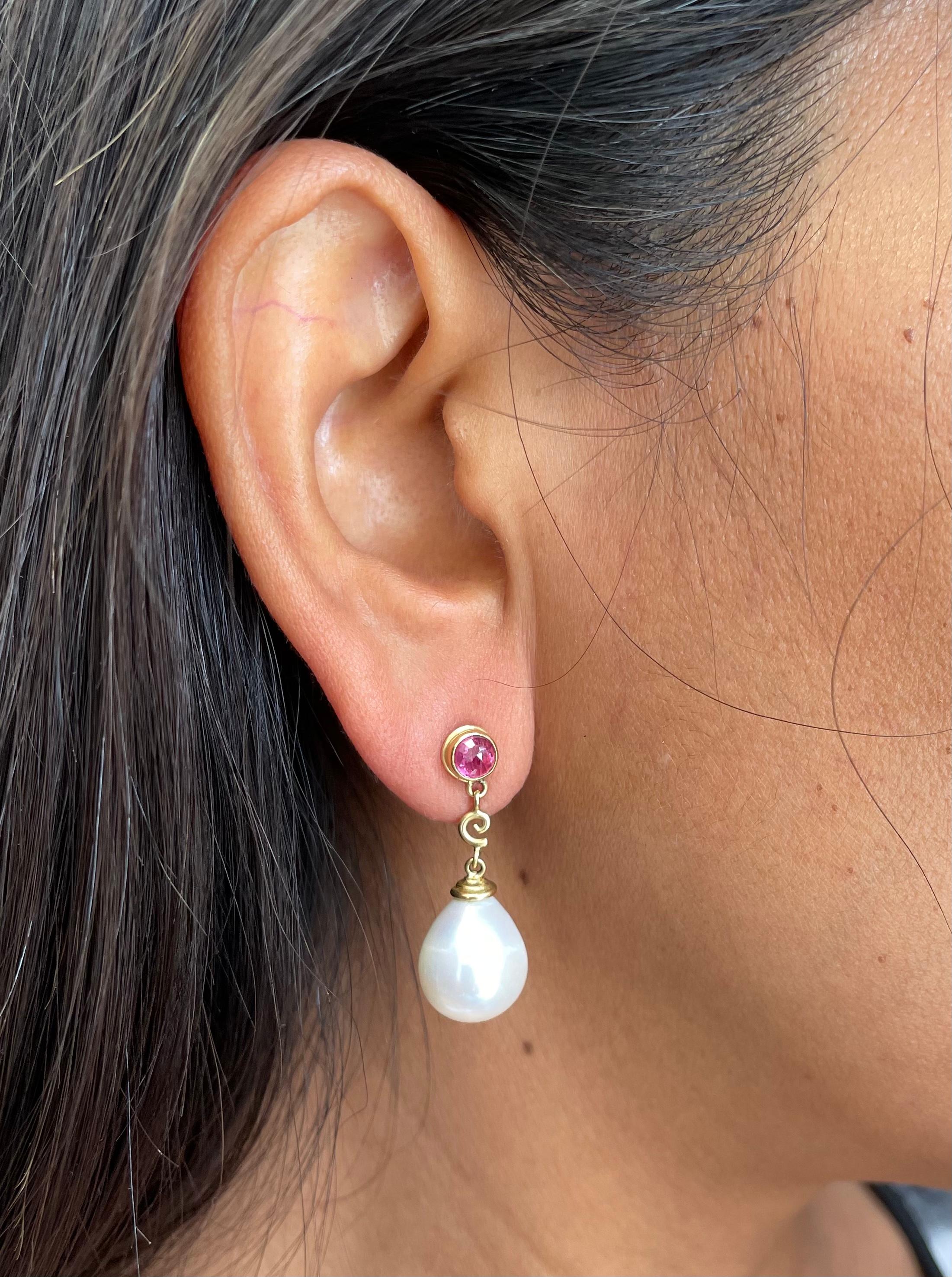 South Sea Pearl and Ruby 18K Gold Post and Drop Earrings 2