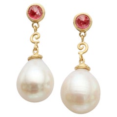 South Sea Pearl and Ruby 18K Gold Post and Drop Earrings