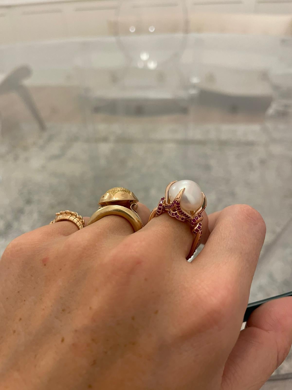 For Sale:  South Sea Pearl and Ruby Ring in 18ct Rose Gold 9