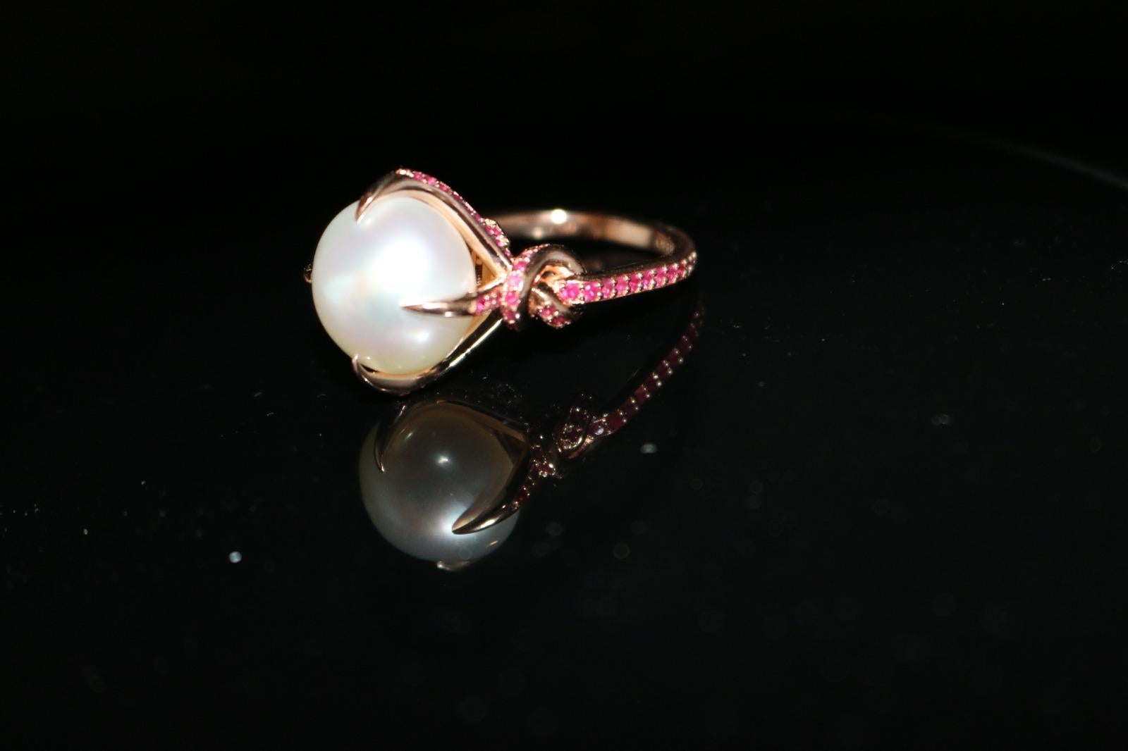 For Sale:  South Sea Pearl and Ruby Ring in 18ct Rose Gold 7