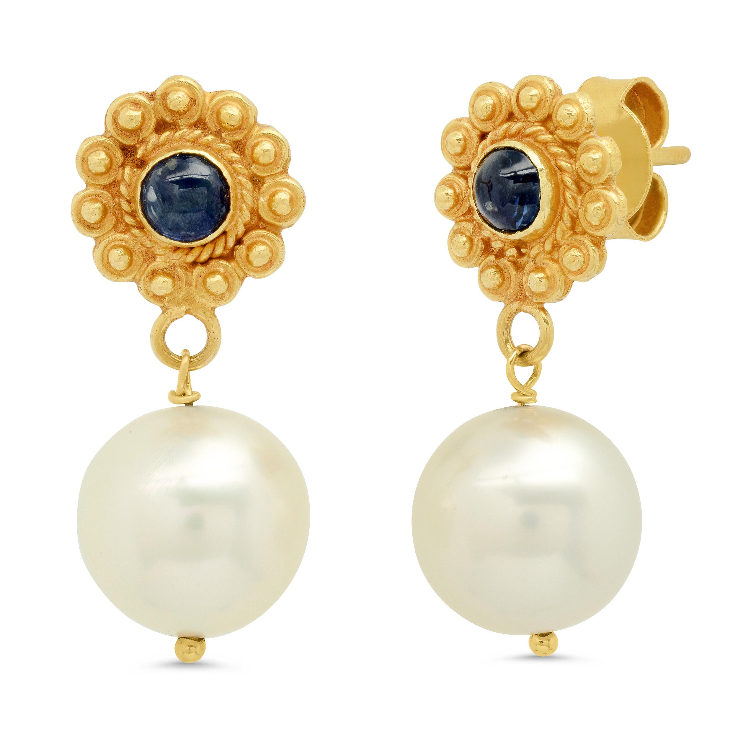 South Sea Pearl and Sapphire Cabochon 18k Yellow Gold  Drop Earrings In New Condition For Sale In Pacific Palisades, CA