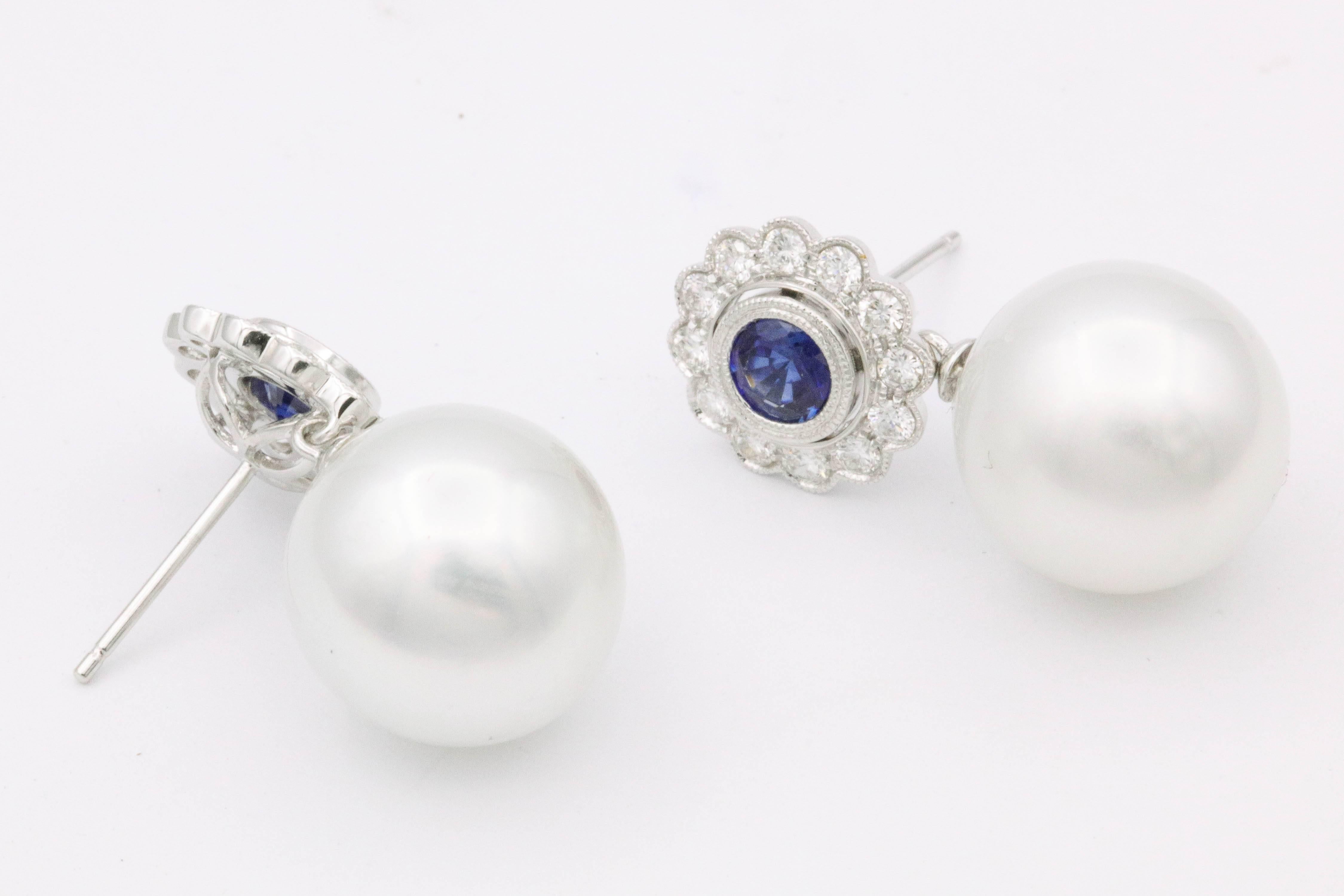 Contemporary South Sea Pearl and Sapphire Diamond Drop Earring For Sale