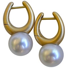South Sea Pearl and Satin Finished 18 Karat Gold Earrings