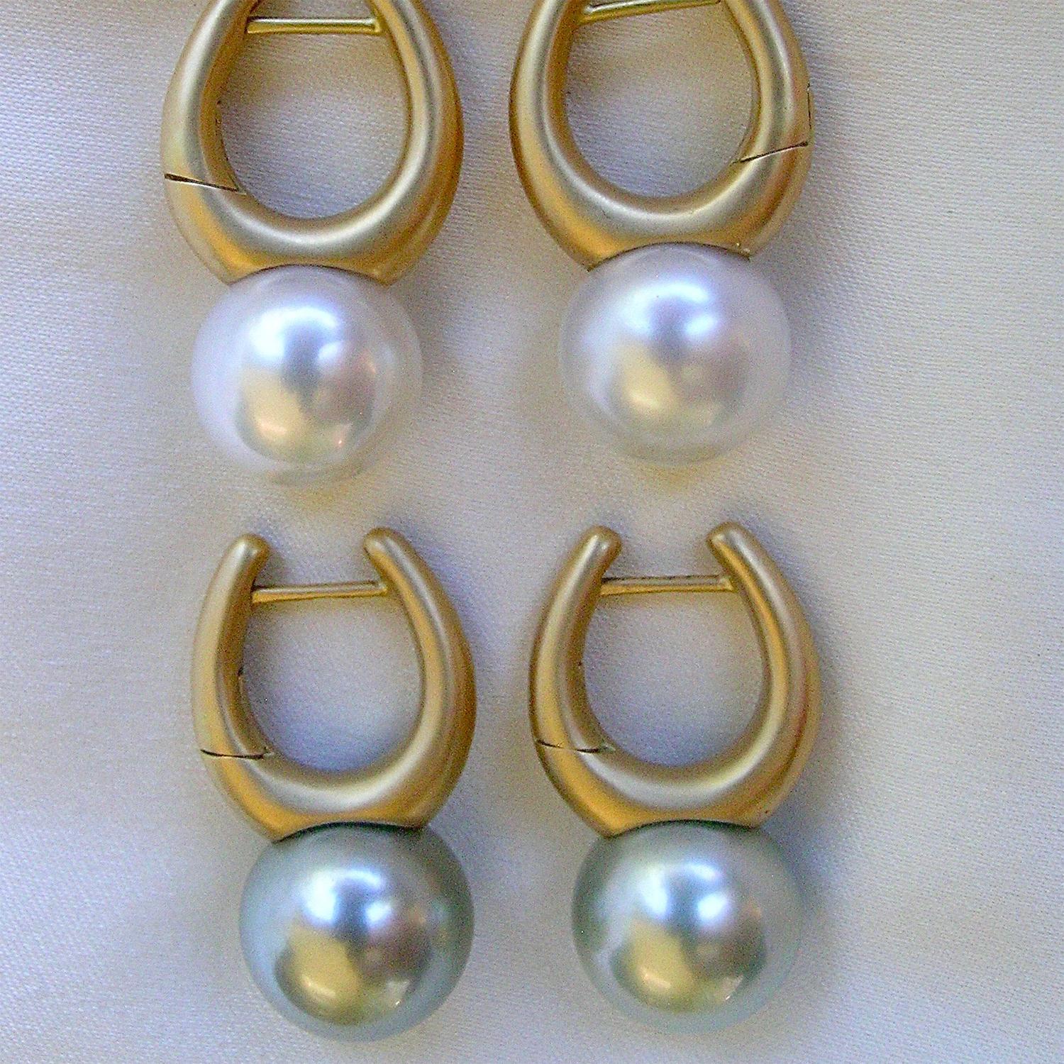 South Sea Pearl and Satin Finished 18 Karat Gold Earrings In New Condition For Sale In Eugene, OR