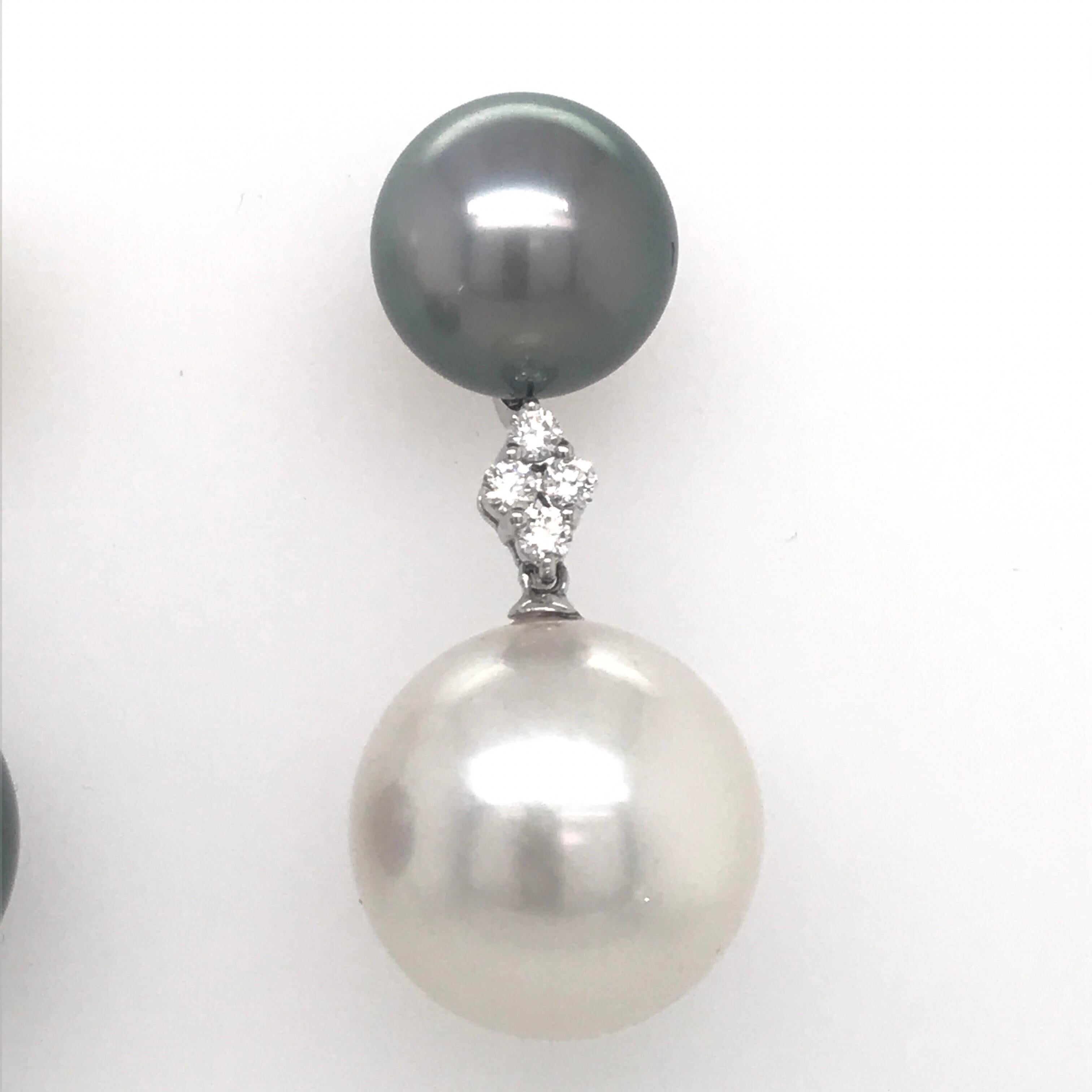 Contemporary South Sea Pearl and Tahitian Diamond Earrings 0.32 Carats 18 Karat For Sale