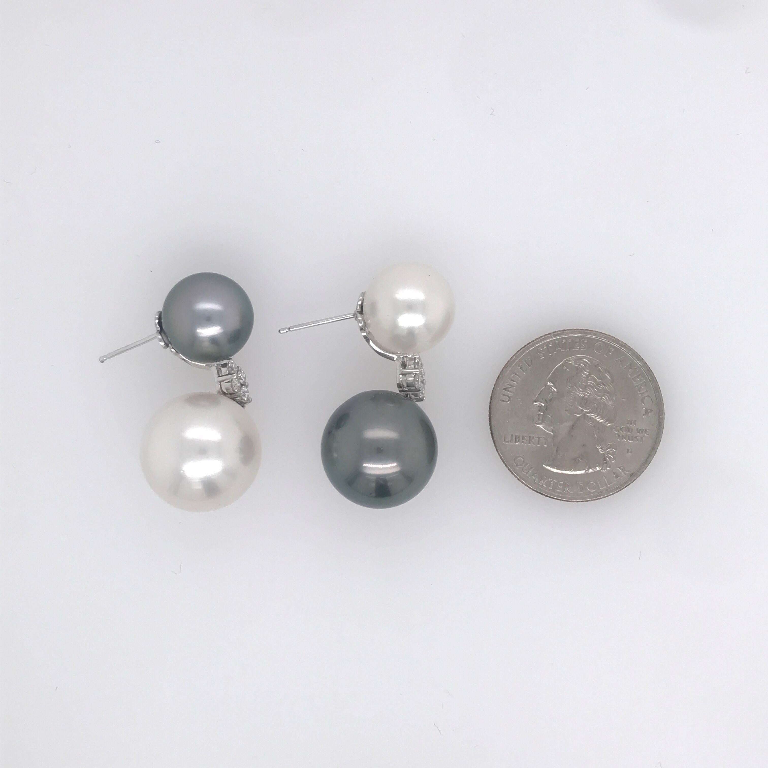 South Sea Pearl and Tahitian Diamond Earrings 0.32 Carats 18 Karat In New Condition For Sale In New York, NY