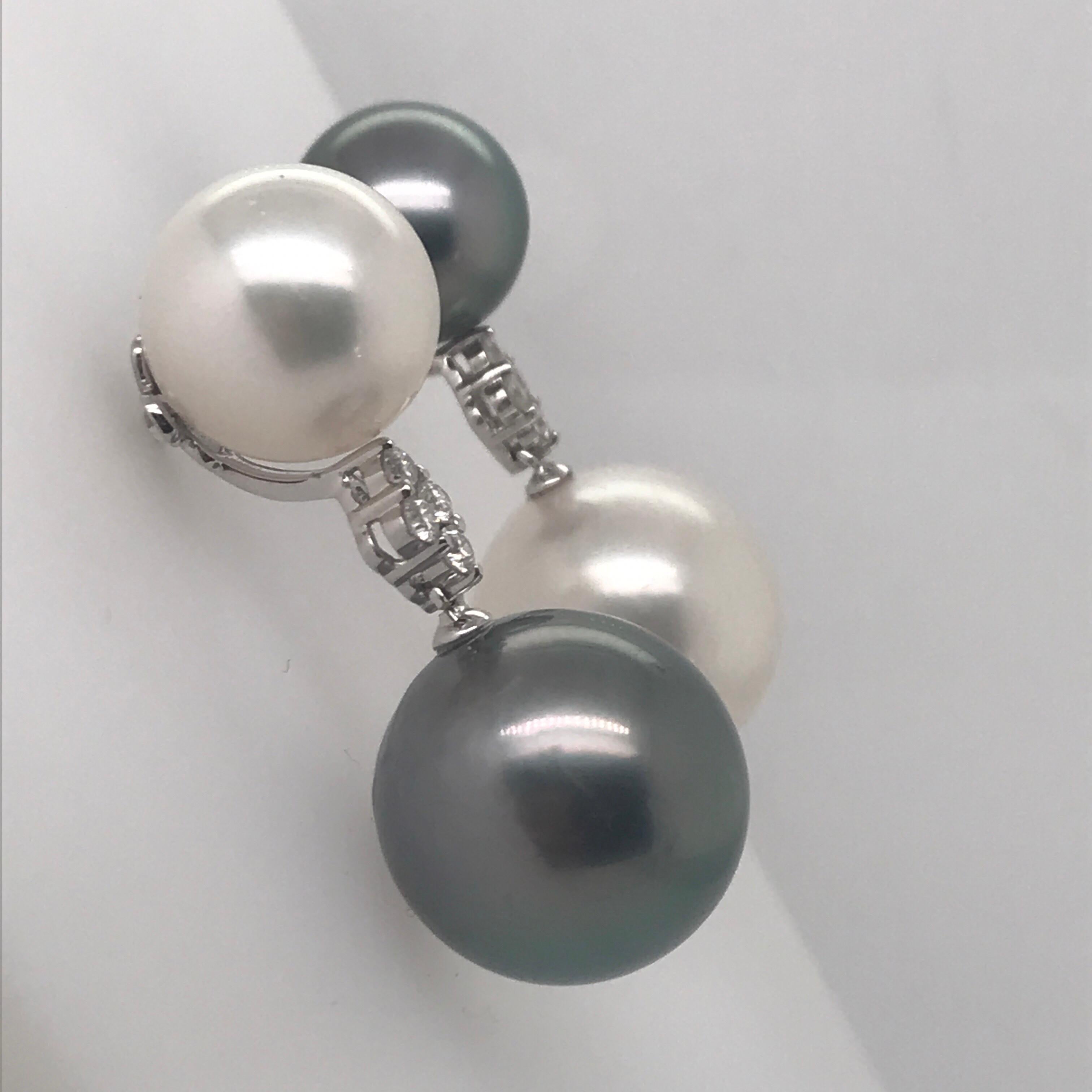 Women's South Sea Pearl and Tahitian Diamond Earrings 0.32 Carats 18 Karat For Sale