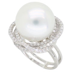 South Sea Pearl and Triple Halo Diamond Ring in 18 Karat White Gold