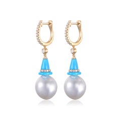 South Sea Pearl and Turquoise Diamond Drop Earrings in 14 Karat Yellow Gold