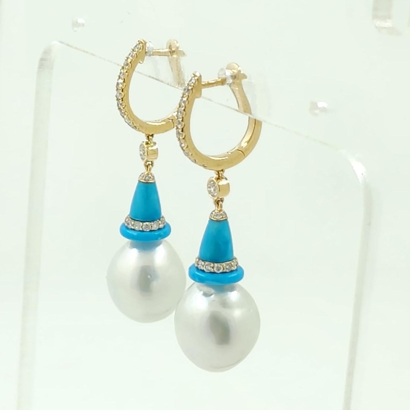 Contemporary South Sea Pearl and Turquoise Diamond Drop Earrings in 14 Karat Yellow Gold For Sale