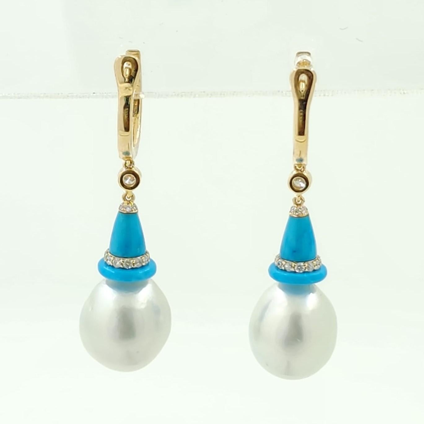 Bead South Sea Pearl and Turquoise Diamond Drop Earrings in 14 Karat Yellow Gold For Sale