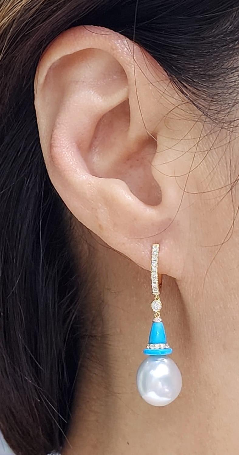South Sea Pearl and Turquoise Diamond Drop Earrings in 14 Karat Yellow Gold In New Condition For Sale In Hong Kong, HK