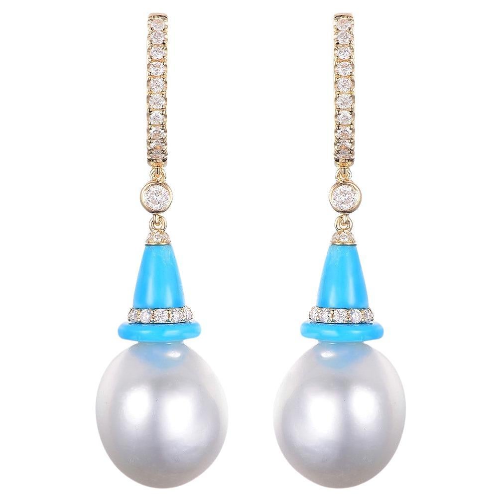 South Sea Pearl and Turquoise Diamond Drop Earrings in 14 Karat Yellow Gold For Sale