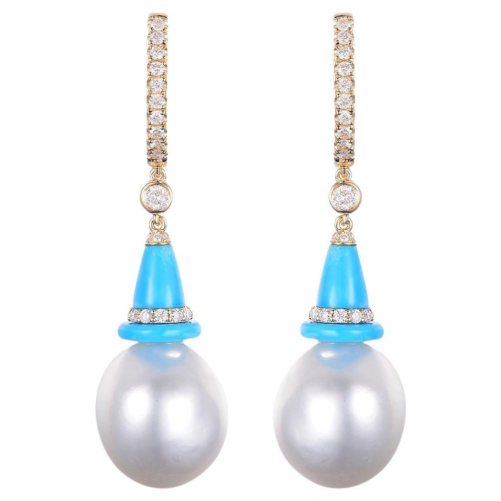 South Sea Pearl and Turquoise Diamond Drop Earrings in 14 Karat Yellow Gold