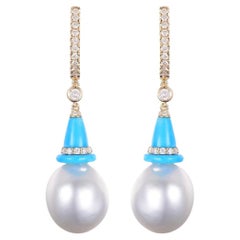 South Sea Pearl and Turquoise Diamond Drop Earrings in 14 Karat Yellow Gold