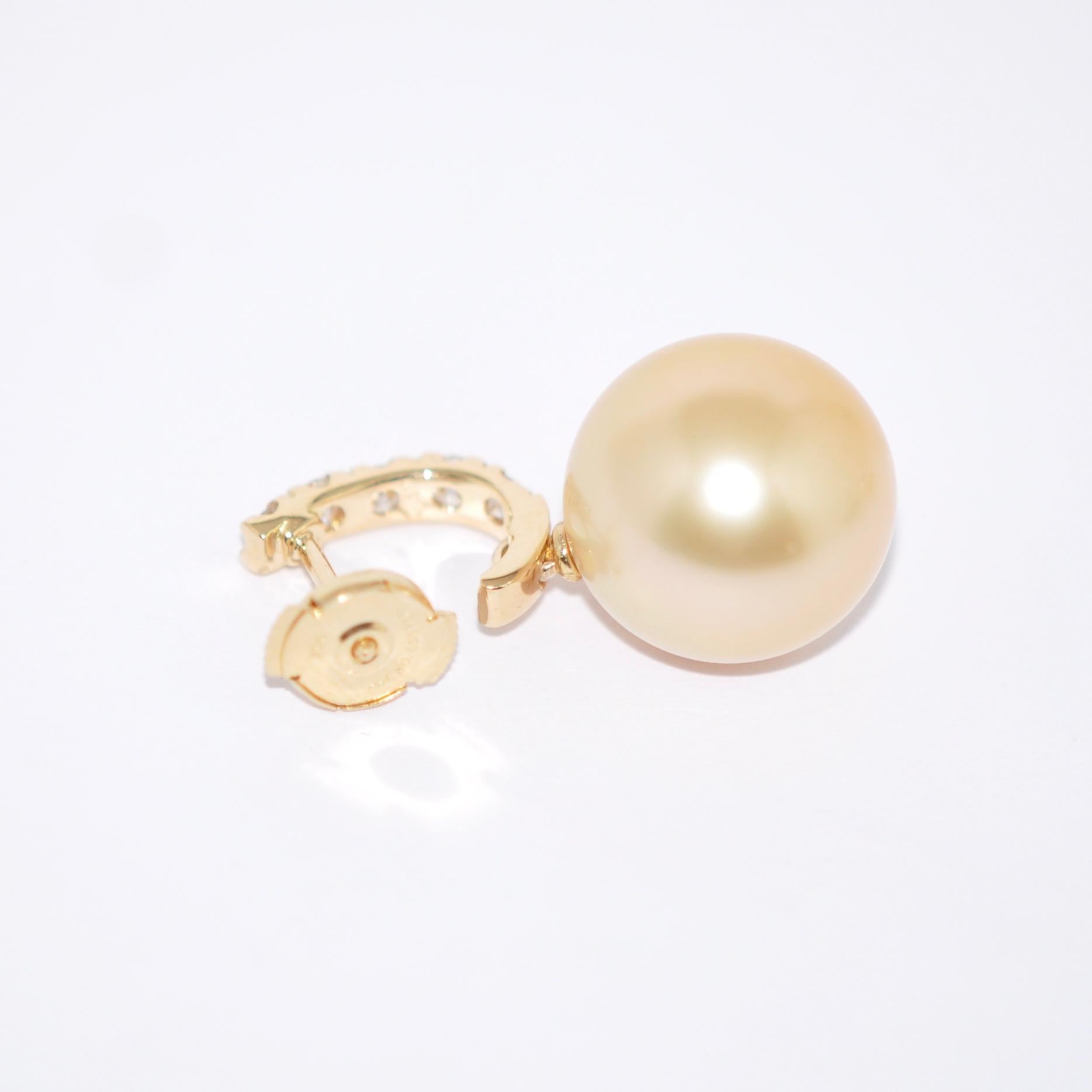 Women's South Sea Pearl and White Diamonds on Yellow Gold 18 Karat Drop Earrings