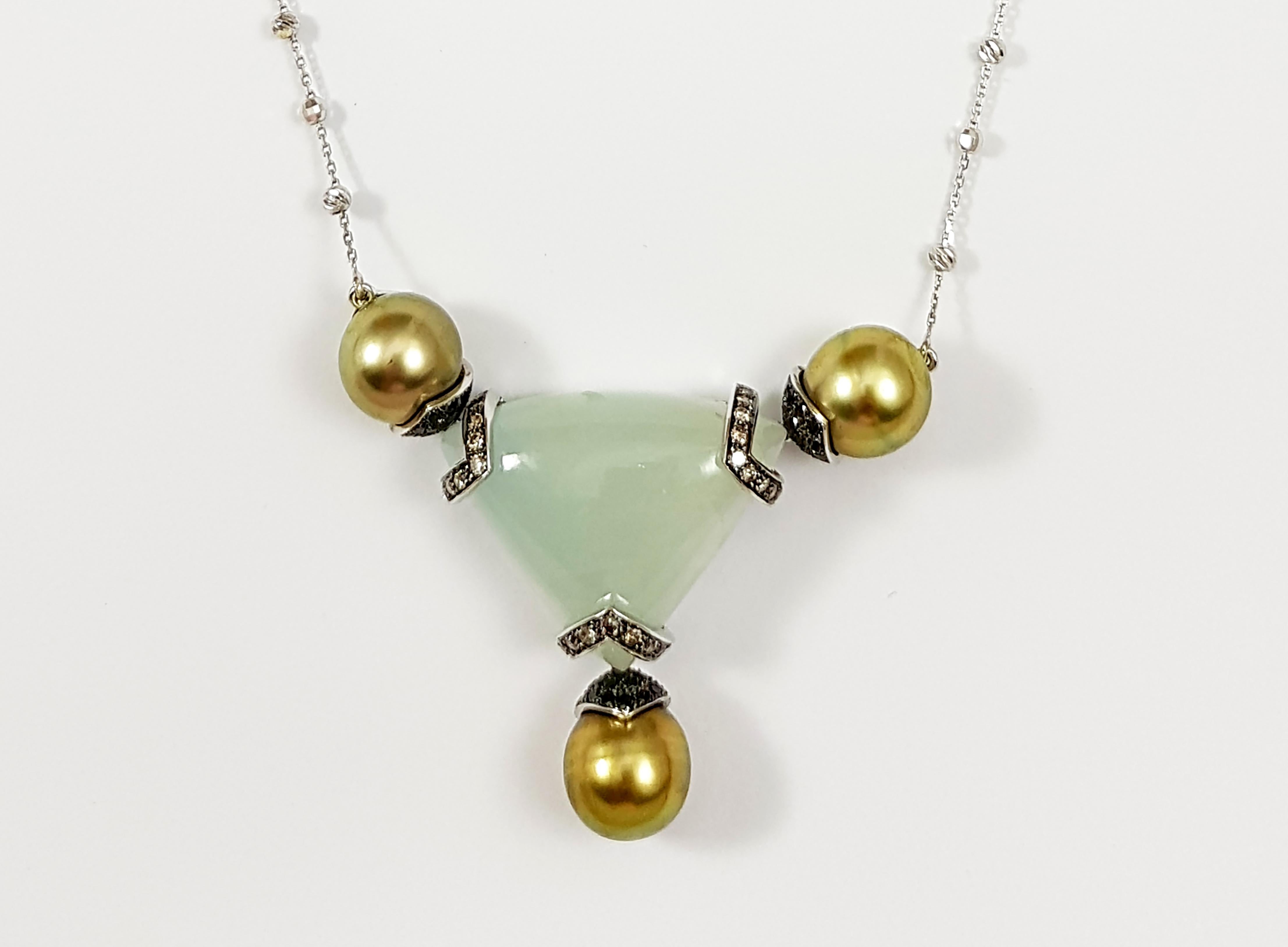 Contemporary South Sea Pearl, Aquamarine, Black Diamond Necklace Set in 18 Karat White Gold For Sale