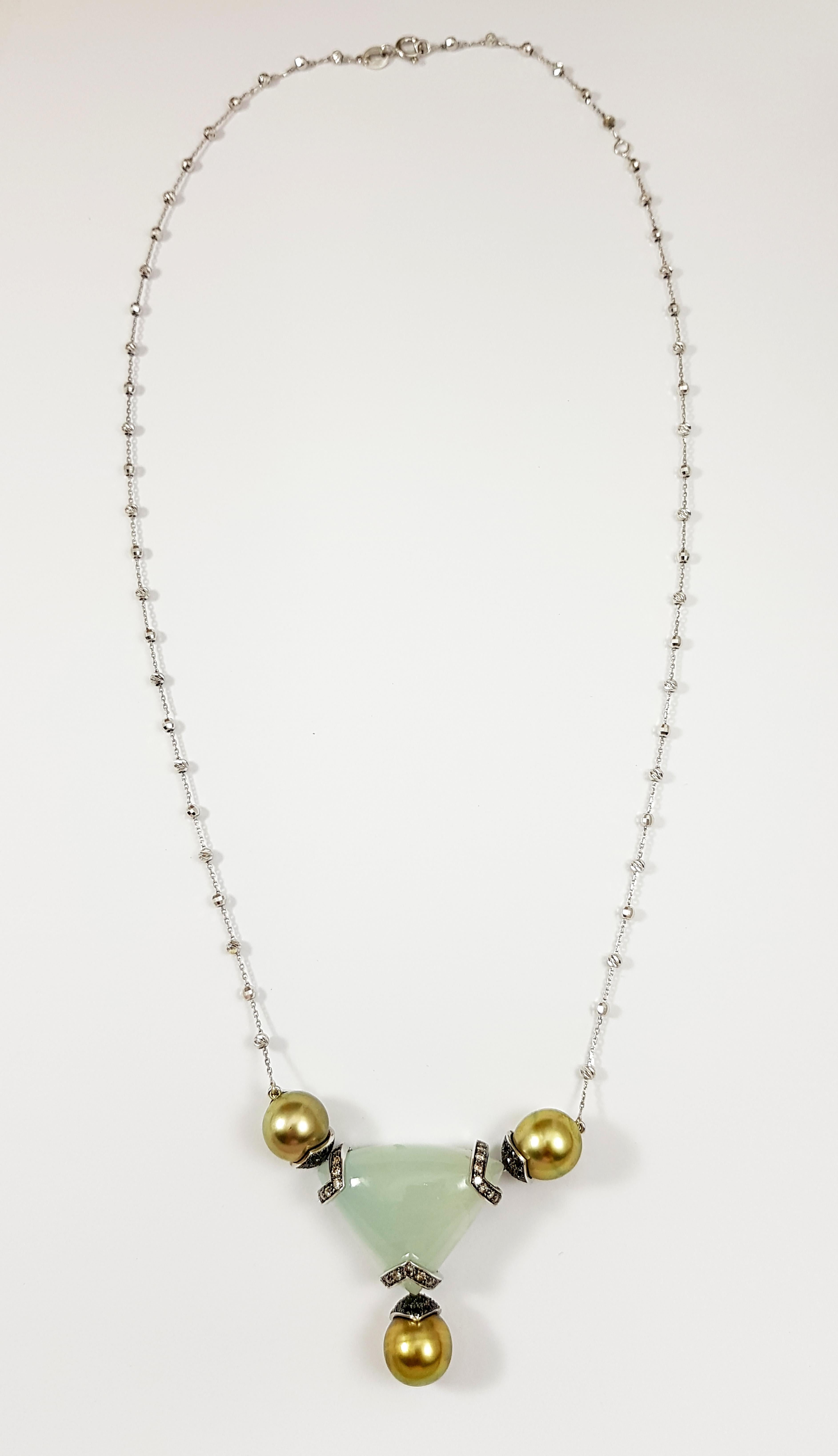 Mixed Cut South Sea Pearl, Aquamarine, Black Diamond Necklace Set in 18 Karat White Gold For Sale