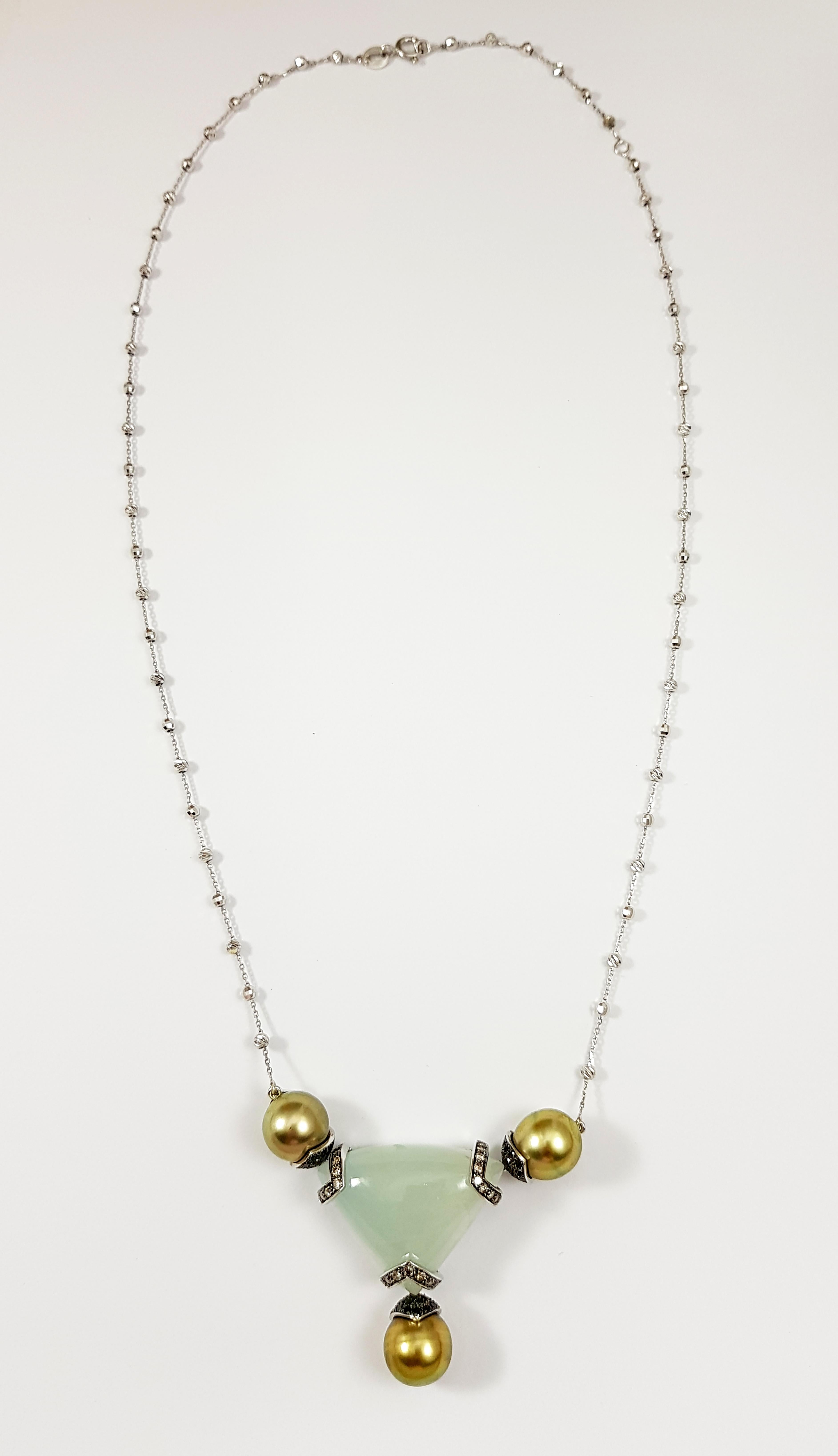 Taglio misto Collana con perle dei mari del sud, acquamarina e diamanti neri in oro bianco 18 carati in vendita