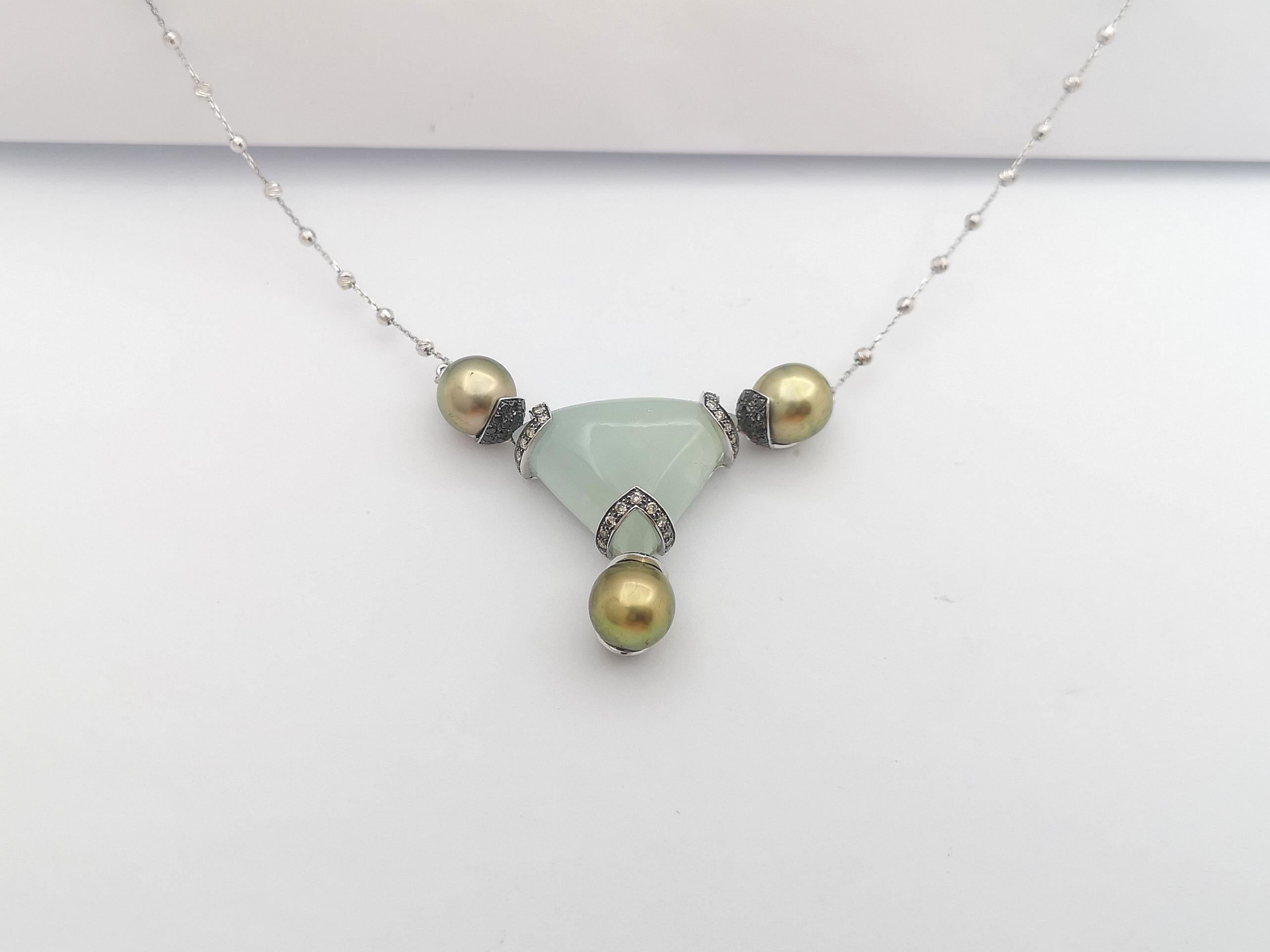 Women's South Sea Pearl, Aquamarine, Black Diamond Necklace Set in 18 Karat White Gold For Sale